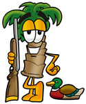 Clip Art Graphic of a Tropical Palm Tree Cartoon Character Duck Hunting, Standing With a Rifle and Duck