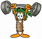 Clip Art Graphic of a Tropical Palm Tree Cartoon Character Holding a Heavy Barbell Above His Head