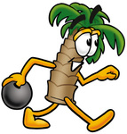 Clip Art Graphic of a Tropical Palm Tree Cartoon Character Holding a Bowling Ball