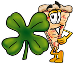 Clip Art Graphic of a Cheese Pizza Slice Cartoon Character With a Green Four Leaf Clover on St Paddy’s or St Patricks Day