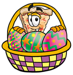 Clip Art Graphic of a Cheese Pizza Slice Cartoon Character in an Easter Basket Full of Decorated Easter Eggs