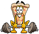 Clip Art Graphic of a Cheese Pizza Slice Cartoon Character Lifting a Heavy Barbell