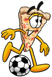 Clip Art Graphic of a Cheese Pizza Slice Cartoon Character Kicking a Soccer Ball