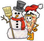 Clip Art Graphic of a Cheese Pizza Slice Cartoon Character With a Snowman on Christmas