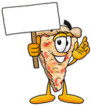 Clip Art Graphic of a Cheese Pizza Slice Cartoon Character Holding a Blank Sign