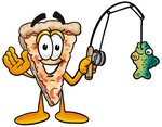 Clip Art Graphic of a Cheese Pizza Slice Cartoon Character Holding a Fish on a Fishing Pole