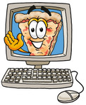 Clip Art Graphic of a Cheese Pizza Slice Cartoon Character Waving From Inside a Computer Screen