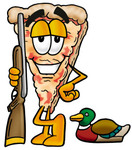 Clip Art Graphic of a Cheese Pizza Slice Cartoon Character Duck Hunting, Standing With a Rifle and Duck