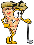Clip Art Graphic of a Cheese Pizza Slice Cartoon Character Leaning on a Golf Club While Golfing