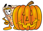 Clip Art Graphic of a Cheese Pizza Slice Cartoon Character With a Carved Halloween Pumpkin