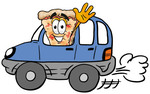 Clip Art Graphic of a Cheese Pizza Slice Cartoon Character Driving a Blue Car and Waving