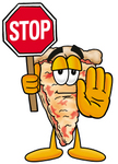 Clip Art Graphic of a Cheese Pizza Slice Cartoon Character Holding a Stop Sign
