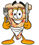 Clip Art Graphic of a Cheese Pizza Slice Cartoon Character Holding a Knife and Fork
