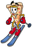 Clip Art Graphic of a Cheese Pizza Slice Cartoon Character Skiing Downhill