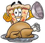 Clip Art Graphic of a Cheese Pizza Slice Cartoon Character Serving a Thanksgiving Turkey on a Platter