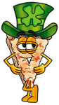 Clip Art Graphic of a Cheese Pizza Slice Cartoon Character Wearing a Saint Patricks Day Hat With a Clover on it