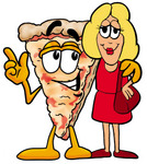 Clip Art Graphic of a Cheese Pizza Slice Cartoon Character Talking to a Pretty Blond Woman