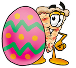Clip Art Graphic of a Cheese Pizza Slice Cartoon Character Standing Beside an Easter Egg