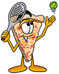 Clip Art Graphic of a Cheese Pizza Slice Cartoon Character Preparing to Hit a Tennis Ball