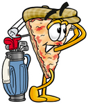 Clip Art Graphic of a Cheese Pizza Slice Cartoon Character Swinging His Golf Club While Golfing
