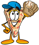 Clip Art Graphic of a Cheese Pizza Slice Cartoon Character Catching a Baseball With a Glove
