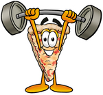 Clip Art Graphic of a Cheese Pizza Slice Cartoon Character Holding a Heavy Barbell Above His Head
