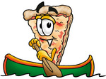 Clip Art Graphic of a Cheese Pizza Slice Cartoon Character Rowing a Boat