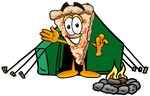 Clip Art Graphic of a Cheese Pizza Slice Cartoon Character Camping With a Tent and Fire