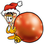 Clip Art Graphic of a Cheese Pizza Slice Cartoon Character Wearing a Santa Hat, Standing With a Christmas Bauble