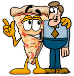 Clip Art Graphic of a Cheese Pizza Slice Cartoon Character Talking to a Business Man