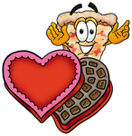 Clip Art Graphic of a Cheese Pizza Slice Cartoon Character With an Open Box of Valentines Day Chocolate Candies