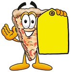 Clip Art Graphic of a Cheese Pizza Slice Cartoon Character Holding a Yellow Sales Price Tag