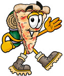 Clip Art Graphic of a Cheese Pizza Slice Cartoon Character Hiking and Carrying a Backpack