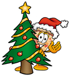Clip Art Graphic of a Cheese Pizza Slice Cartoon Character Waving and Standing by a Decorated Christmas Tree