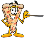 Clip Art Graphic of a Cheese Pizza Slice Cartoon Character Holding a Pointer Stick