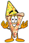 Clip Art Graphic of a Cheese Pizza Slice Cartoon Character Wearing a Birthday Party Hat