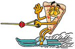 Clip Art Graphic of a Cheese Pizza Slice Cartoon Character Waving While Water Skiing