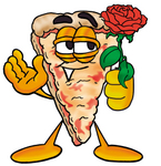 Clip Art Graphic of a Cheese Pizza Slice Cartoon Character Holding a Red Rose on Valentines Day