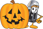 Clip Art Graphic of a Ground Pepper Shaker Cartoon Character With a Carved Halloween Pumpkin