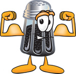 Clip Art Graphic of a Ground Pepper Shaker Cartoon Character Flexing His Arm Muscles
