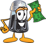 Clip Art Graphic of a Ground Pepper Shaker Cartoon Character Holding a Dollar Bill