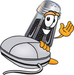 Clip Art Graphic of a Ground Pepper Shaker Cartoon Character With a Computer Mouse