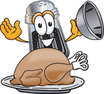 Clip Art Graphic of a Ground Pepper Shaker Cartoon Character Serving a Thanksgiving Turkey on a Platter
