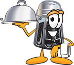 Clip Art Graphic of a Ground Pepper Shaker Cartoon Character Dressed as a Waiter and Holding a Serving Platter