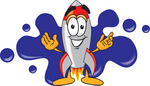 Clip Art Graphic of a Space Rocket Cartoon Character Logo With Blue Paint Splatters