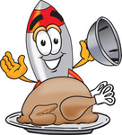 Clip Art Graphic of a Space Rocket Cartoon Character Serving a Thanksgiving Turkey on a Platter