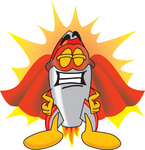 Clip Art Graphic of a Space Rocket Cartoon Character Dressed as a Super Hero