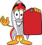 Clip Art Graphic of a Space Rocket Cartoon Character Holding a Red Sales Price Tag
