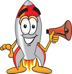 Clip Art Graphic of a Space Rocket Cartoon Character Holding a Megaphone