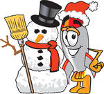 Clip Art Graphic of a Space Rocket Cartoon Character With a Snowman on Christmas